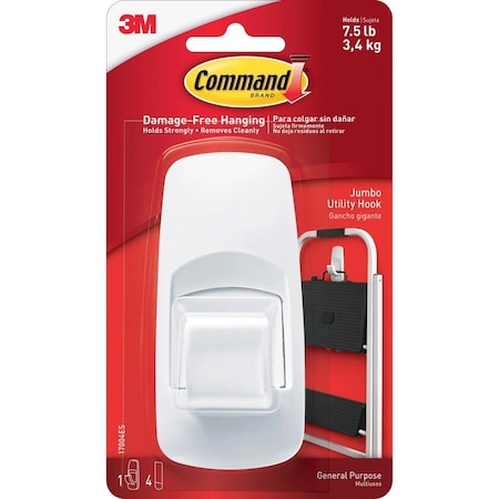 COMMAND Jumbo Hooks, Adhesive, 1 Hook/4 Strips, 7-1/2 lb Cap., White MMM17004